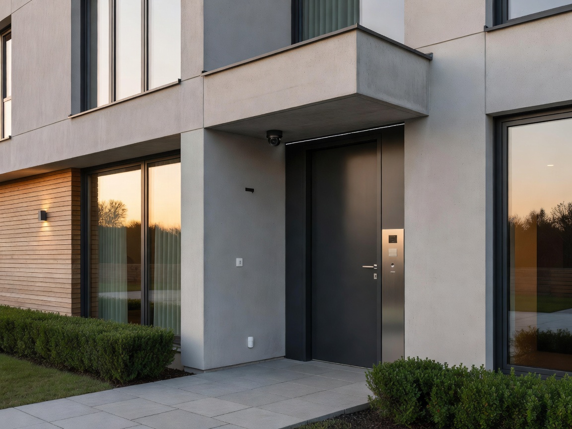 Modern European residential home entrance with security installation layout in Saarland