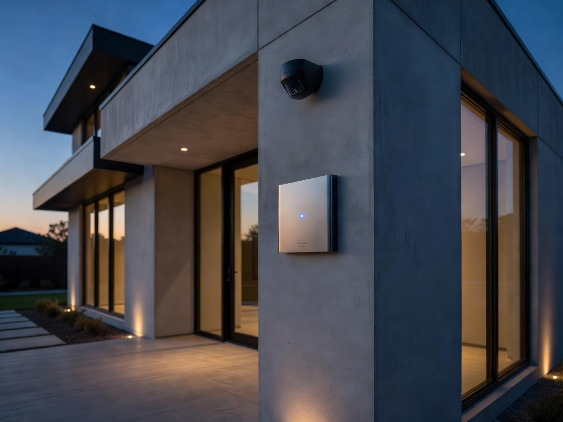 Modern home exterior evening lighting alarm installation focus